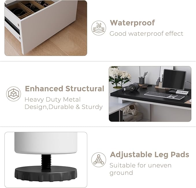 L Shape Small Desk - Computer Corner Desk with 3 Drawers and 2 Shelves 53 inch Home Office Table with Storage Cabinet for Gaming Writing Study White+Black