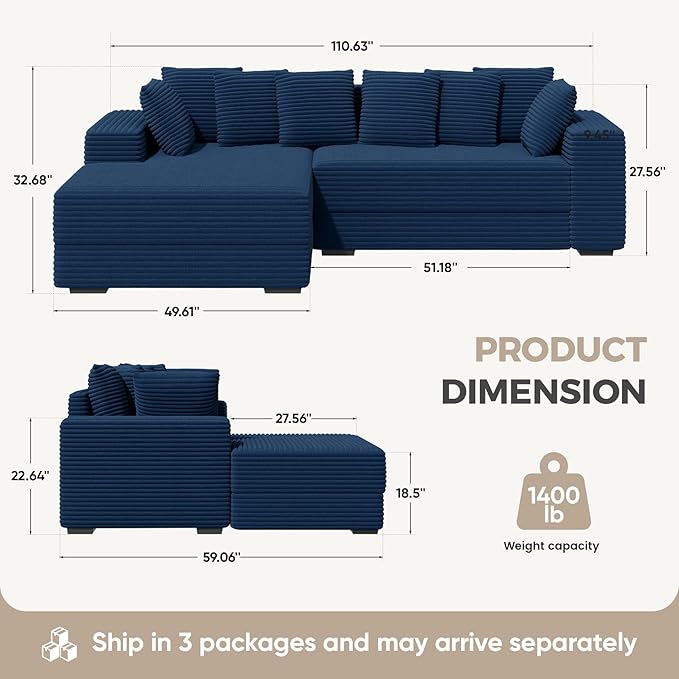 111'' Modular Sectional Cloud Couches with Chaise L Shaped Large Sleeper Couch Fluffy Corduroy with 8pcs Pillows for Living Room(Blue Left Facing Chaise)