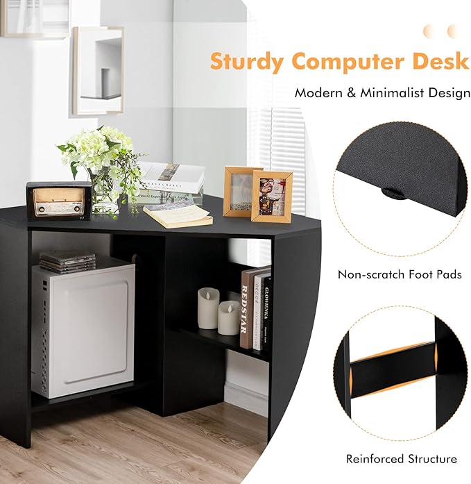 Small Corner Desk Space-Saving Corner Workstation with Storage Shelves &amp CPU Stand 90 Degree Triangle Makeup Vanity Desk Wood Corner Computer Desk for Small Space (Black)