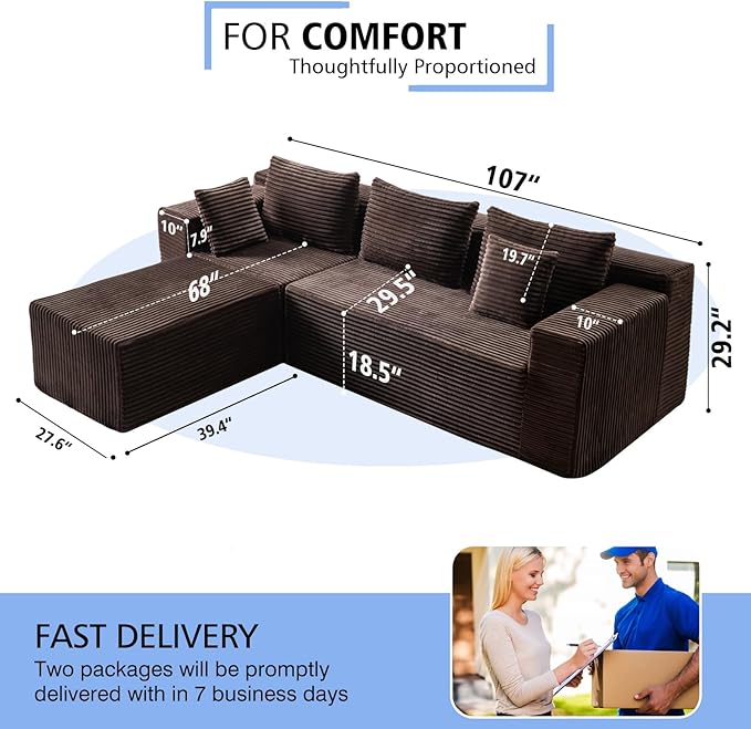 107 Boneless Modular Sectional Sofa L-Shaped Cloud Couch with Deep Seat &amp High Backrest Corduroy Couch Memory Foam Sectional Couch No Assembly Required for Living Room Apartment (Brown)