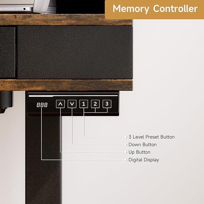 ONBRILL Standing Desk with Drawers 63x23.6 Electric Stand Up Desk with Storage Shelf and Memory Controller Sit Stand Desk Adjustable Height from 28-46 for Computer Workstation Rustic Brown