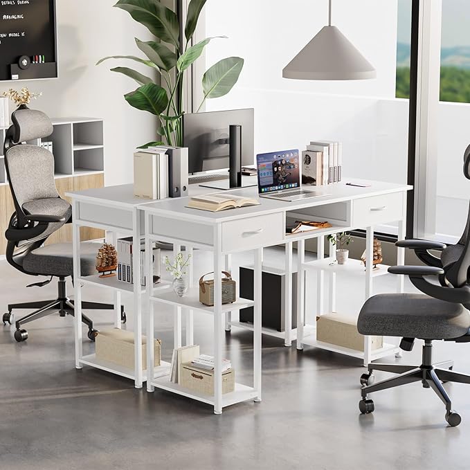 Sweetcrispy Computer Gaming Desk with Fabric Drawers - 48 Inch Home Office Bedroom Writing StudyTable with Storage Shelves Adjustable Feet PC Desk White