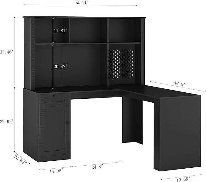 L Shaped Office Desk with Storage Drawers and Bookshelf Corner Computer Desk with Hutch and Charging Station Black