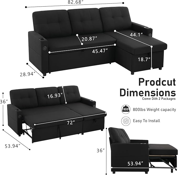 82 Pull Out Sofa BedL-Shape Modern Sleeper Sofa Upholstered Sectional Couch with USB Port and Side Pockets for Living RoomGuest Room (Black)