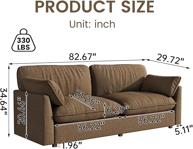 83 Loveseat Sofa Modern Oversized 2-Seater Couch with Deep Seats &amp 2 Pillows Comfortable Upholstered Brown Loveseat for Living Room or Bedroom Easy Assembly