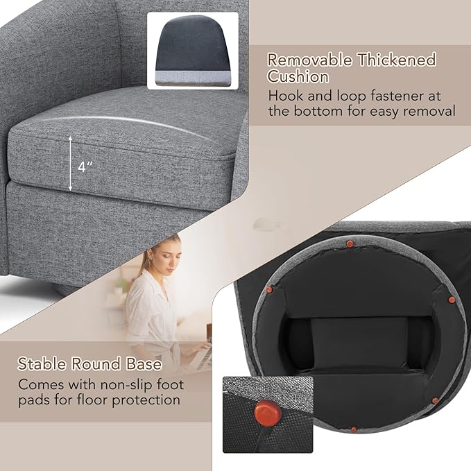 GOFLAME Swivel Barrel Chair with Ottoman Modern Linen Fabric Accent Chair with Footrest Curved Backrest Removable Seat Cushion Upholstered Club Tub Sofa Chair for Bedroom Living Room Grey