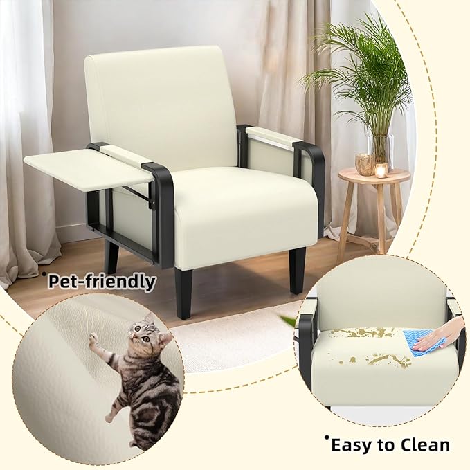 Faux Leather Accent Chair Modern Upholstered Armchair with Tray Table Comfy Reading Chair for Living Room Bedroom Guest Room Beige