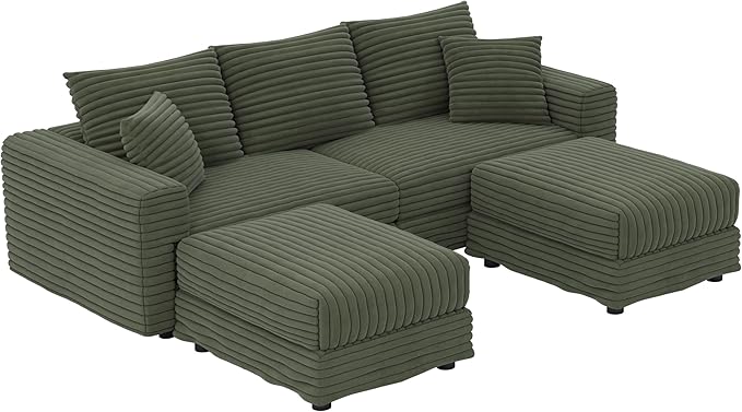 82.7'' Oversized Corduroy Couch Modular Sectional Sofa with 2 Ottomans Upholstered 3 Deep Seat U Shape Sofa Convertible Cloud Couches with Chaise Lounge for Living Room Apartment Green