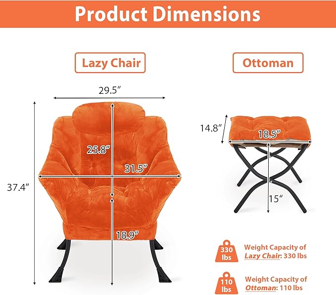 Lazy Chair with Folding Ottoman Accent Chair Plush Upholstered with Metal Structure and Non-Slip Pads Sofa Armchair with Footrest and Side Storage Bag for Dorm Room Office Orange