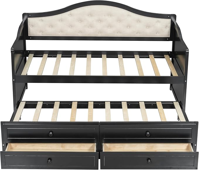 Twin Daybed with Trundle Twin Size Daybed with 2 Storage Drawers Wooden Sofa Bed with Upholstered Button Tufted Backrest for Living Room Bedroom Guest RoomBlack