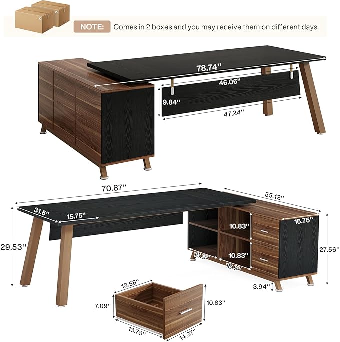 Tribesigns 78.7 L-Shaped Executive Desk Modern Office Desk with File Drawers &amp Storage Shelves Large Computer Desk with 55-Inch Cabinet Business Workstation for Home Office Black &amp Walnut