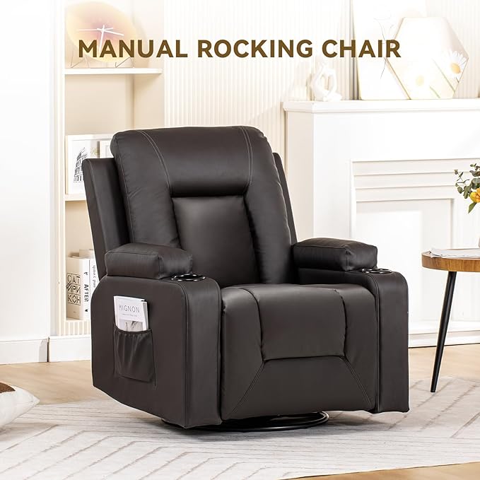 COMHOMA Recliner Chair Swivel Rocker Recliners Reclining Sofa with Side Pockets Cup Holders for Living Room Bedroom (Brown)