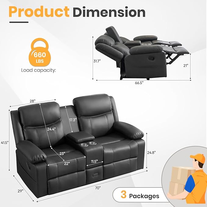 Loveseat Recliner Sofa with Massage &amp Heating Reclining Loveseat with Console RV Wall Hugger Double Loveseat Recliner Couch for Living Room &amp Home Theater (Grey)