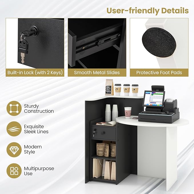 MAT EXPERT Reception Desk Front Desk with Open Shelves Lockable Drawer Round Tabletop Checkout Counter Retail Counter Computer Workstation for Office (Black Cabinet &amp White Desktop)