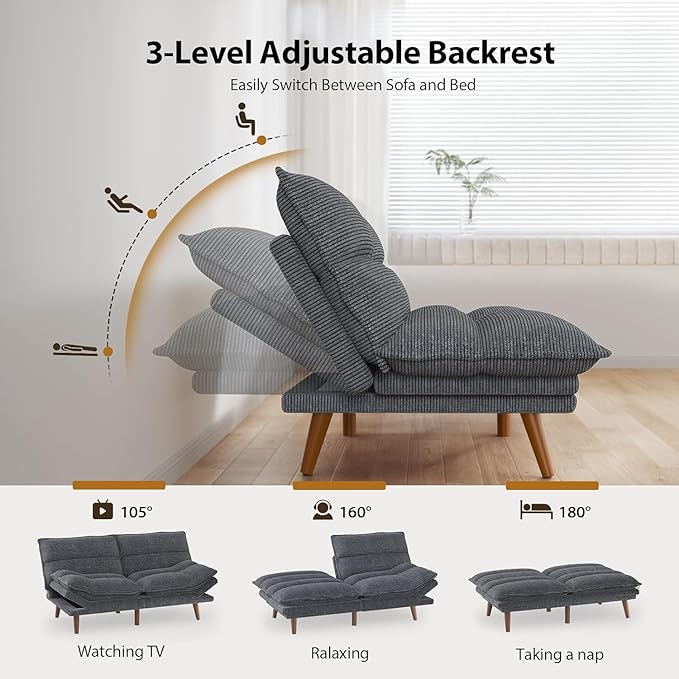 Pipishell Futon Sofa Bed Convertible Futon Adjustable Backrest &amp Armrests Corduroy Sleeper Couch for Small Spaces Living Room Office Guest Room (Asphalt Grey 66 Inch)