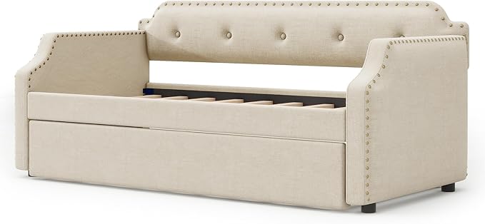 Flieks Twin Upholstered Daybed Linen Fabric Upholstered Tufted Sofa Bed with TrundleSofa Bed Trundle Daybed with Wood Frame(Beige)