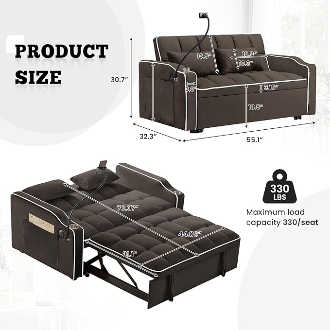 TTK 3-in-1 Convertible Velvet Sleeper Sofa Bed Pull-Out Loveseat with Adjustable Backrest USB Port &amp 2 Pillows Swivel Phone Stand &amp Storage Pockets Modern Futon Couch for Living Room (Brow