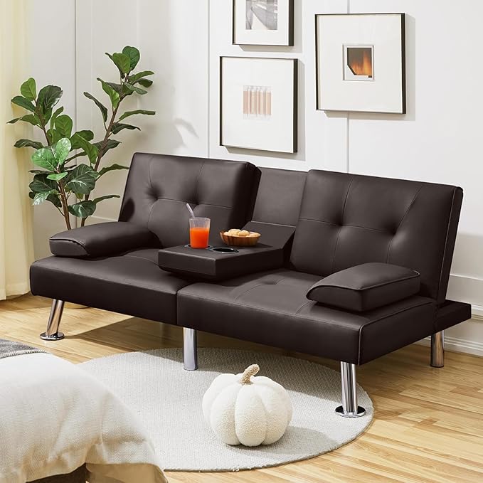 Convertible Futon Sofa Bed PU Leather Modern Couch Loveseat Sleeper Folding Daybed Guest Bed Removable Armrests 2 Cup Holders Metal Legs (Brown)