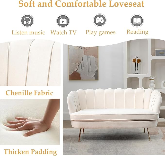 59 Wide Modern Boucle Loveseat Small Sofa Small Mini Room Couch 2-Seater Sofa with Gold Metal Legs for Space Office Studio Apartment Bedroom (Beige)