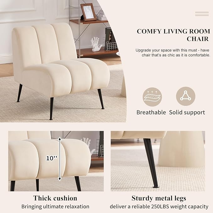 Modern Accent Chair Velvet Upholstered Fuzzy Club Chairs with Tufted Design Comfy Living Room Chair with Metal Legs Padded Reading Chair for Reading Room (Beige-Velvet)