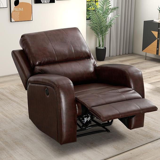 Electric Recliner Chair Soft PU Leather Power Recliners with Padded Backrest Single Overstuffed Heavy Duty Reclining Sofa for Living Room Bedroom Brown