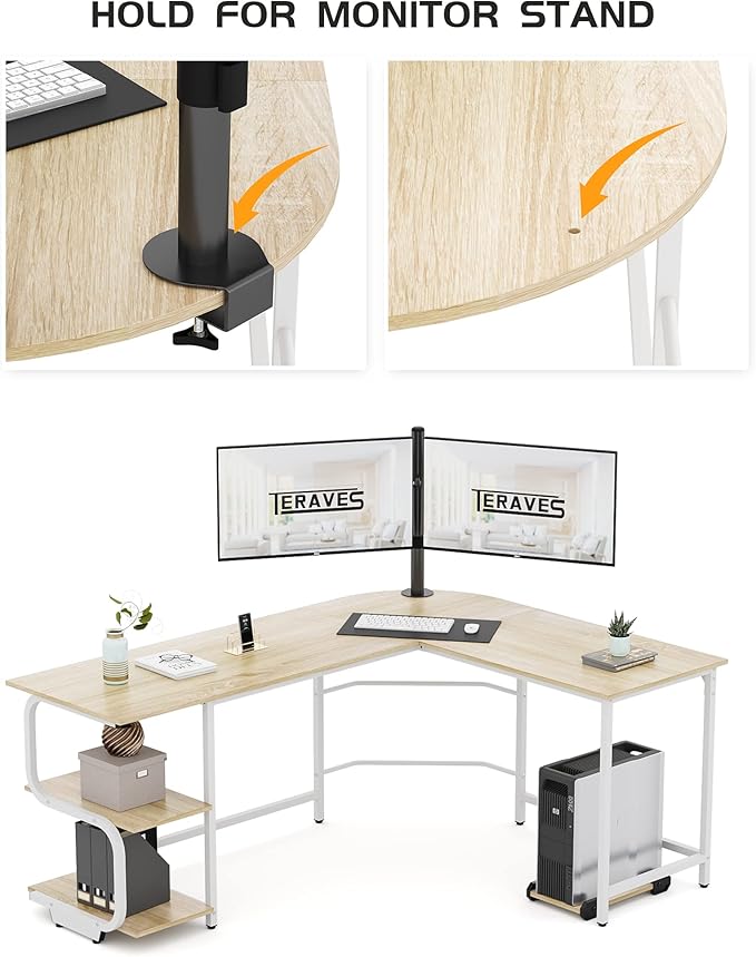 Teraves Reversible L Shaped Desk with Large Surface 69 Inch Sturdy Corner Desk with Storage Shelves Premium Office Computer Desk Workstation for Home Office Gaming