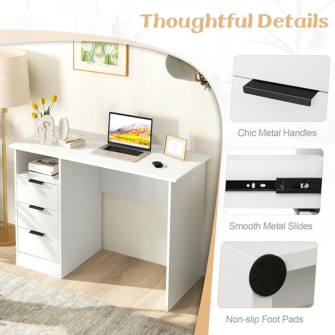 NAFORT Home Office Computer Desk with 3 Storage Drawers Writing Table with Storage Shelf Gaming Desk with Charging Station Laptop PC Desk with Power Outlet for Small Space White