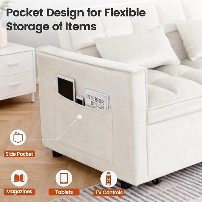Convertible Sofa Bed Pull Out Couch with Side Pockets 3 in 1 Velvet Fabric Loveseat Sleeper Sofa Bed Pull Out Couch with Adjustable Backrest for Living Room Bedroom Apartment White