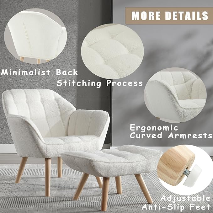 Sherpa Accent Reading Chair with Ottoman Modern Fuzzy Chair with Ottoman Upholstered Armchair with Wood Legs Comfy Lounge Chair for Small Spaces Living Room Bedroom Book Nook White