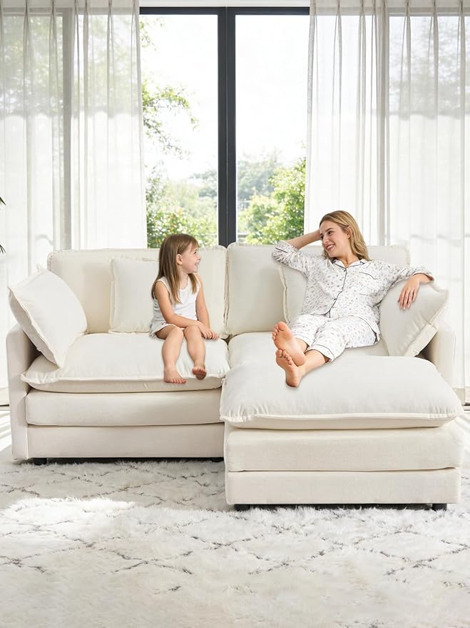 Modular Sectional Sofa Modern Loveseat Sofa Cloud Couch with Movable Ottoman Comfy Chenille Deep Seat L Shaped Couches for Small Living Room Bedroom Apartment Beige White