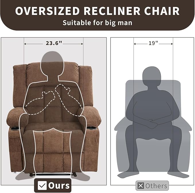 TrailBlaze Massage Heat Recliner Chair Lounge Chair with Extra Large Footrest High Back Comfortable Deep Seat Rocker Chairs for Adults Side Pockets &amp Cup Holder Living Room Single Sofa Brown