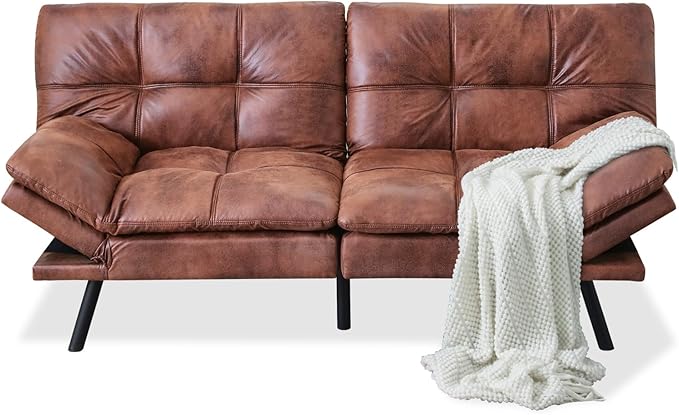 MUUEGM 71 Futon Couch Filled with Memory Foam Convertible Futon Sofa Bed with Adjustable Backrest Armrest Folding for Living Room Small Space Loveseat for Sleeper(Leather Brown)