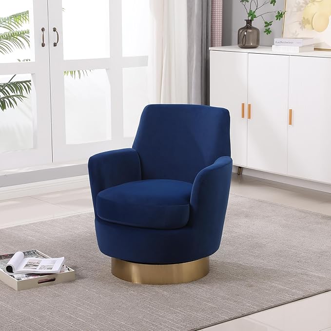 360° Swivel Barrel Accent Chair Comfy Round Accent Chairs with Gold Iron Base &amp Dual-Layer Cushion Modern Lounge Reading Armchair Upholstered Sofa Chair for Living Room Bedroom(Velvet Navy)