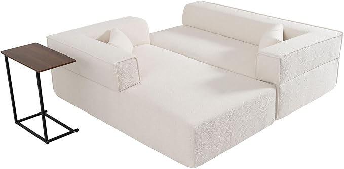 112 Modular Sectional Cloud Couch with Left Facing ChaiseBoneless Compressed Sofa Couch SectionalBoucle FabricIncludes Side Table and PillowsNo Assembly NeededWhite