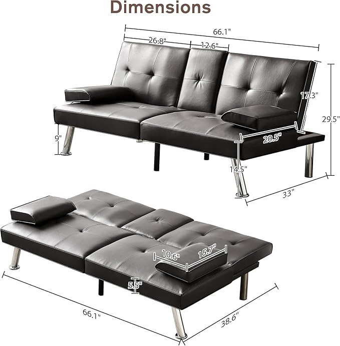 Convertible Futon Sofa Bed PU Leather Modern Couch Loveseat Sleeper Folding Daybed Guest Bed Removable Armrests 2 Cup Holders Metal Legs (Brown)