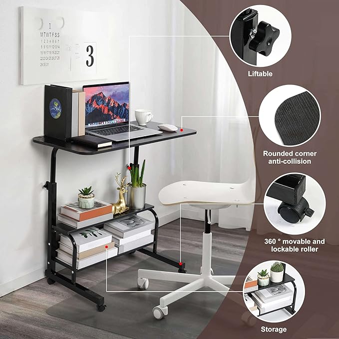 Home Office Desk Movable Bedroom Adjustable Table Modern Small Study Laptop Computer for Living Room Couch Portable Spaces with Wheels Storage Furniture 31.5x15.7 Black