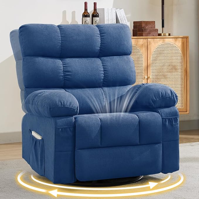 Swivel Rocker Recliner Chair for Adults 360° Upholstered Manual Recliners for Small Spaces Single Seat Glider Reclining Chair with Side Pockets Ergonomic Reading Chair for Living Room RV Bedroom