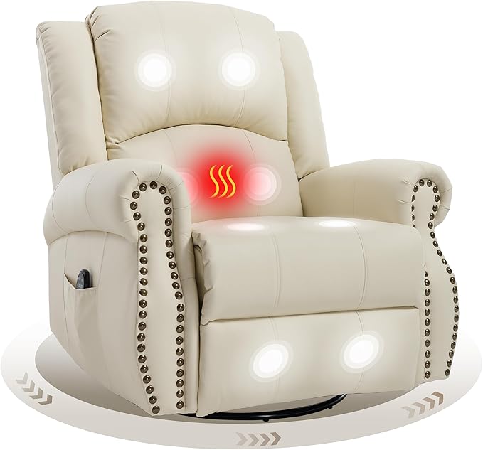 Leather Manual 360° Swivel Rocker Recliner for Adults Gulider Reclining Chair for Living Room with Vibration Massage and Lumbar Heat Side Pockets Faux Leather Beige