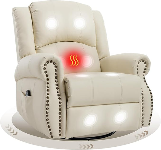 Leather Manual 360° Swivel Rocker Recliner for Adults Gulider Reclining Chair for Living Room with Vibration Massage and Lumbar Heat Side Pockets Faux Leather Beige