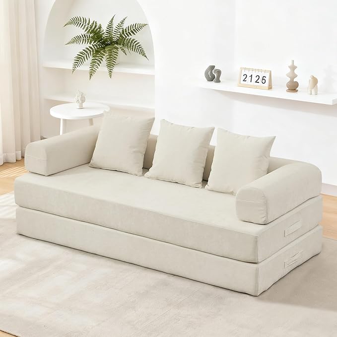 79 Inch 4-in-1 Convertible Sofa Bed Boneless Couches Chenille Folding Sleeper with Pull Out Bed Floor Futon Modular Lounge Loveseat Compressed Sofa No Assembly Required for Living Room (Beige)
