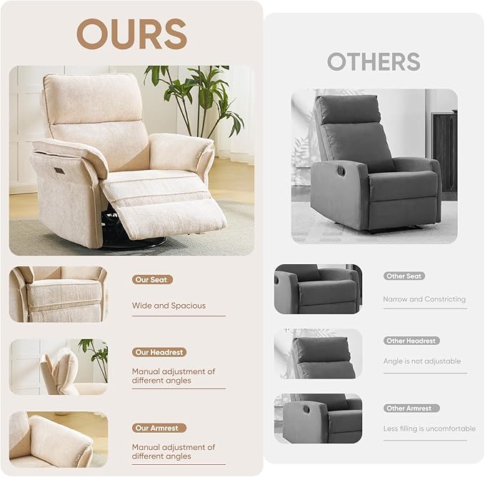 Oversized Power Recliner Chair Swivel Glider with Massage and Heat Rocker Nursery Recliner for Adults with Adjustable Headrest 26 Extra Wide Nursery Chair with Overstuffed ArmrestBeige