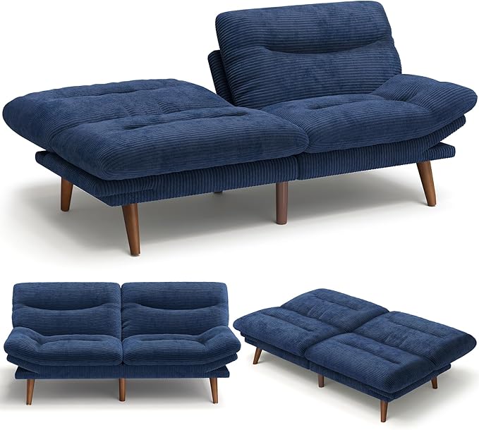 Amada 66 Convertible Futon Sofa Bed Corduroy Folding Futon Set with Adjustable Backrest &ampArmrests Recliner Lounge for Living Room Apartment or Office Solid Wood Frame Loveseat Sofa - Blue