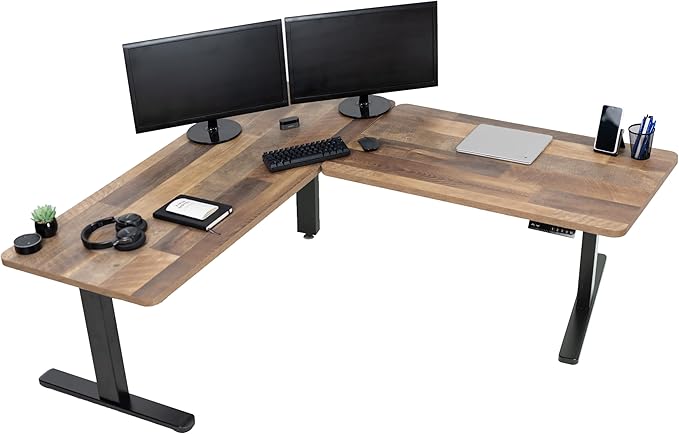 VIVO Electric Height Adjustable 67 x 60 inch Corner Stand Up Desk 2 Reclaimed Wood Solid Table Tops Black Frame Memory Controller L-Shaped Workstation 3E Series DESK-KIT-3E6BP