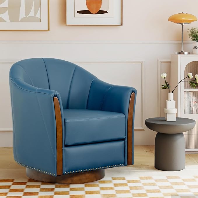 360° Swivel Accent Chair Modern Leather Barrel Club Chair with Leather Upholstery and Sturdy Wood Base Comfortable Armchair for Living Room Bedroom Reading Nook Blue