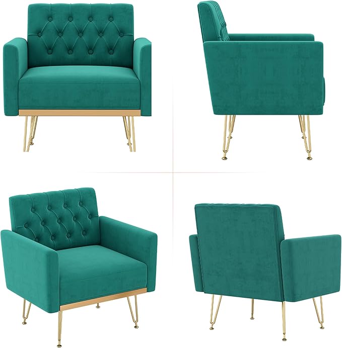 Accent Chair for Living Room Comfy Oversized Velvet Upholstered Arm Chairs Mid Century Modern Reading Single Sofa Side Chair with Tufted Back and Gold Legs for Bedroom (2 Green)