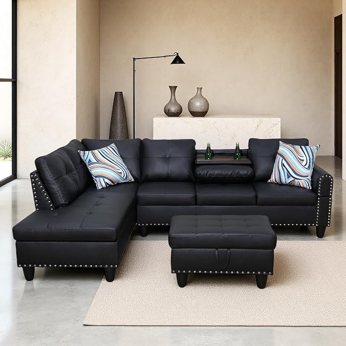 Sectional Couches for Living Room Convertible 4 Seat Modular Sectional Sofa Set for Living Room L Shaped Couch or U Shaped Couch with Storage Ottoman for Apartment Leather Black