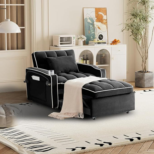 3 in 1 Sleeper Sofa Chair BedVelvet Convertible Sleeper SofaPull Out Bed Chair with USB Port &amp Ashtray and Swivel Phone Stand &amp Storage Pockets Modern Singer Sofa for Living Room