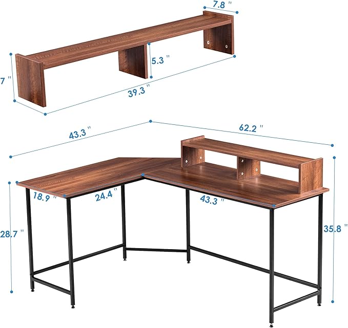 ivinta L-Shaped Computer Office Desk Modern Gaming Corner Desk with Monitor Stand Home Office Study Writing Table Workstation for Small Spaces 6404 (Brown)