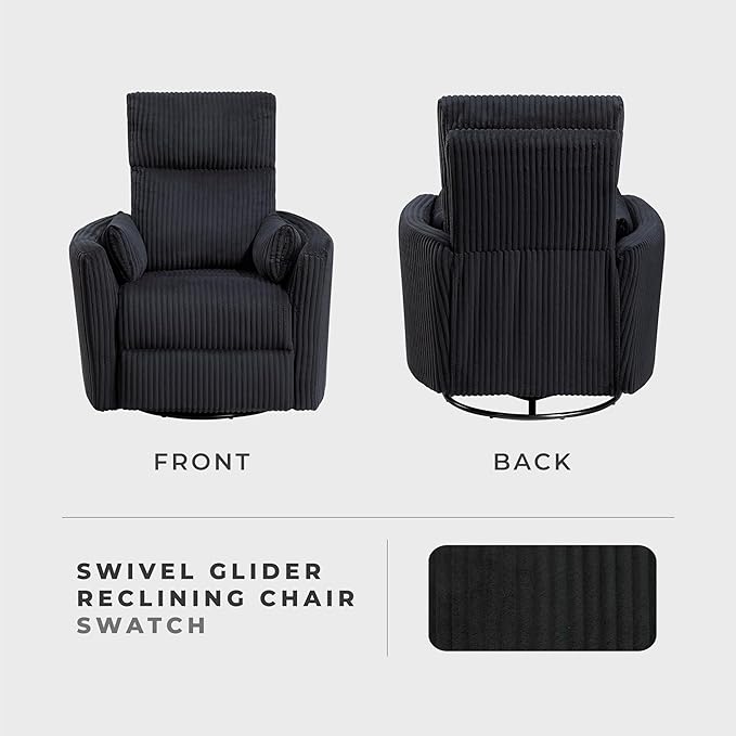Lexicon Modern Swivel Glider Recliner Chair Nursery Glider Corduroy Fabric Upholstery Recliner with 2 Lumbar Pillows Manual Reclining Sofa Chair for Living Room/Office/Apartment Black