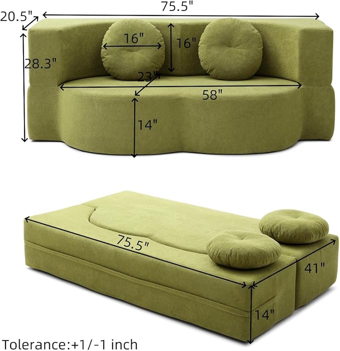 KEIKI 2-in-1 Folding Sofa Bed with Pillow Queen Sleeper Sofa Floor &amp Futon Loveseat Couch Foam Folding Mattress for Living Room Guest Use Office Apartment No Assembly Required Green